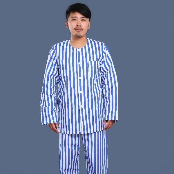 藍白條紋無(wú)領(lǐng)病號服